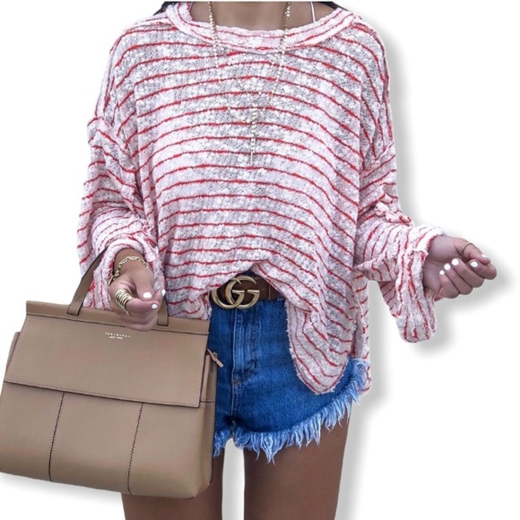 Free People NEW Striped Sweater Oversized Red Stripes Loose Knit Medium - Picture 8 of 8